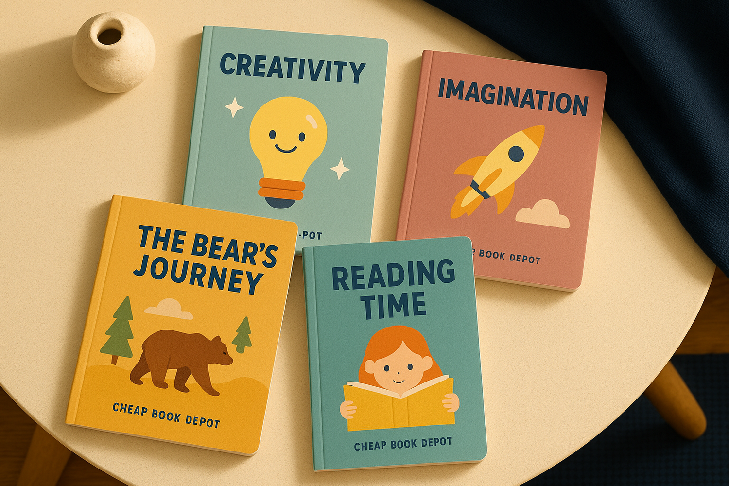 Affordable children’s books displayed on a beige table with warm golden tones and navy accents matching the Cheap Book Depot brand colors, symbolizing creativity and joyful reading for kids.