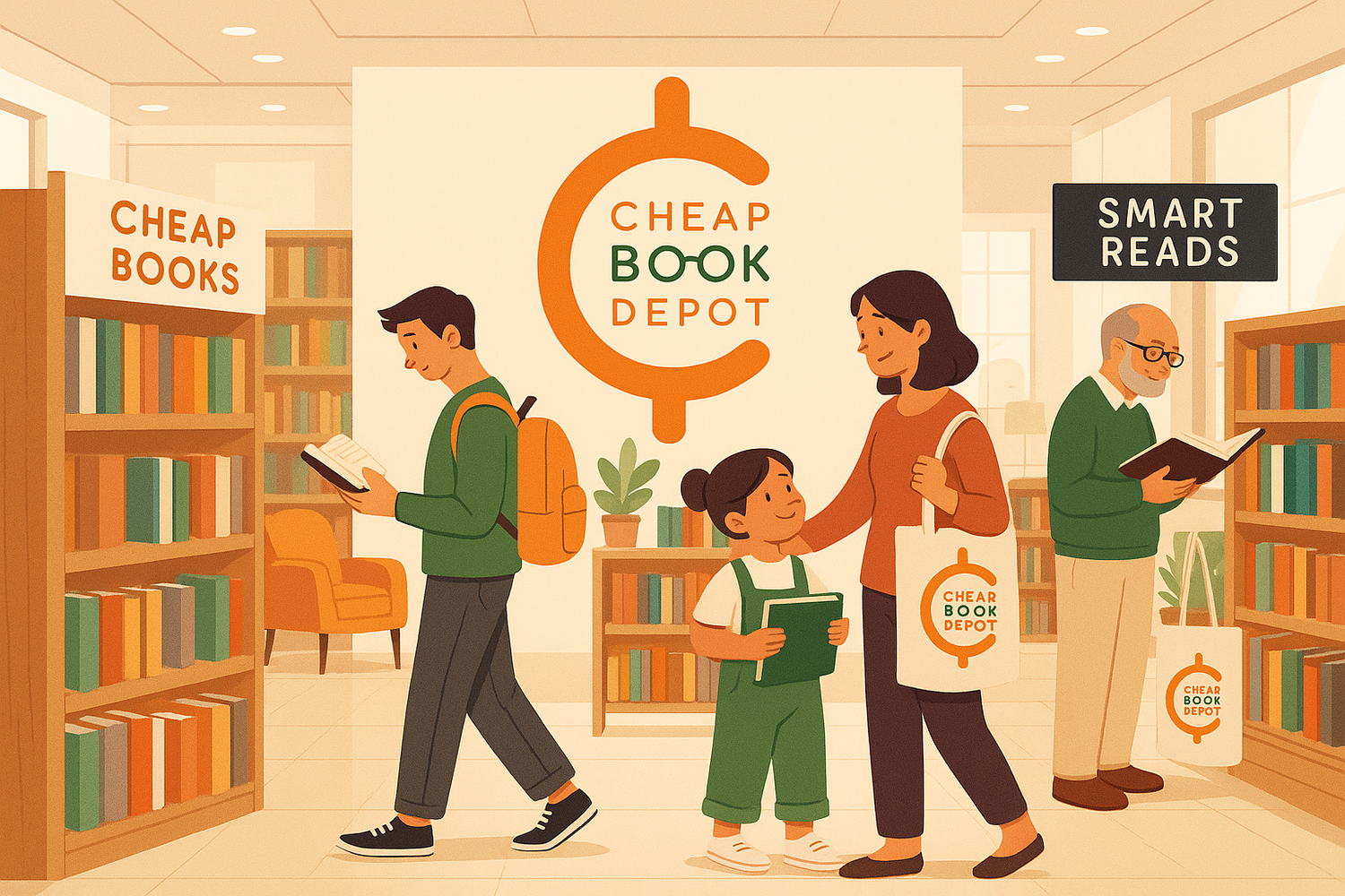 Diverse readers browsing cheap books in a modern bookstore with clear signage and cozy reading spaces in 2025.