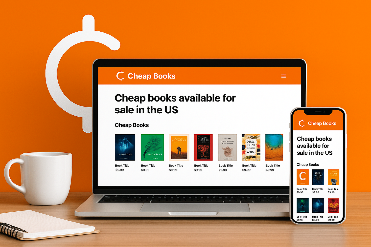 Online shopping for cheap books on a modern bookstore website with laptop and smartphone view.