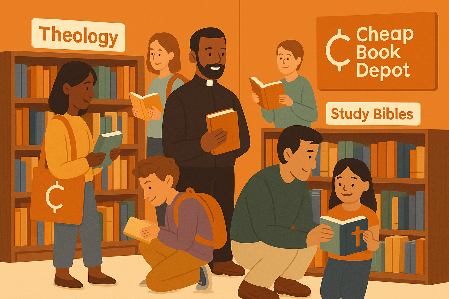 Illustrated scene of readers exploring affordable theology books at Cheap Book Depot