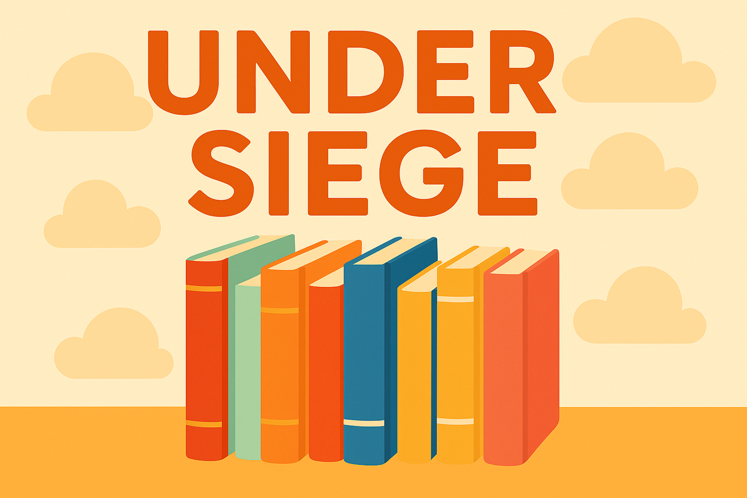 Under Siege book cover illustration in flat modern style with colorful books and clean background, created for Cheap Book Depot banner