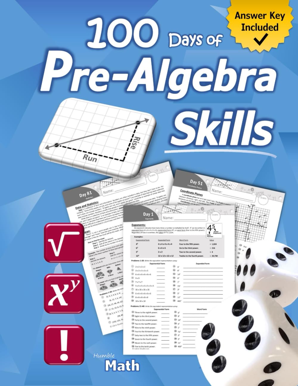 Pre-Algebra Skills: (Grades 6-8) Middle School Math Workbook (Prealgebra: Exponents, Roots, Ratios, Proportions, Negative Numbers, Coordinate Planes, ... & Statistics) – Ages 11-15 (With Answ