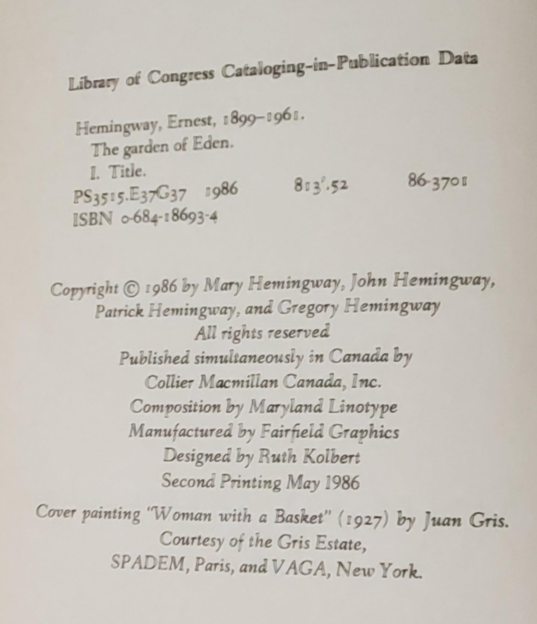 1986 Vtg The Garden of Eden Ernest Hemingway Mediterranean France Spain Setting