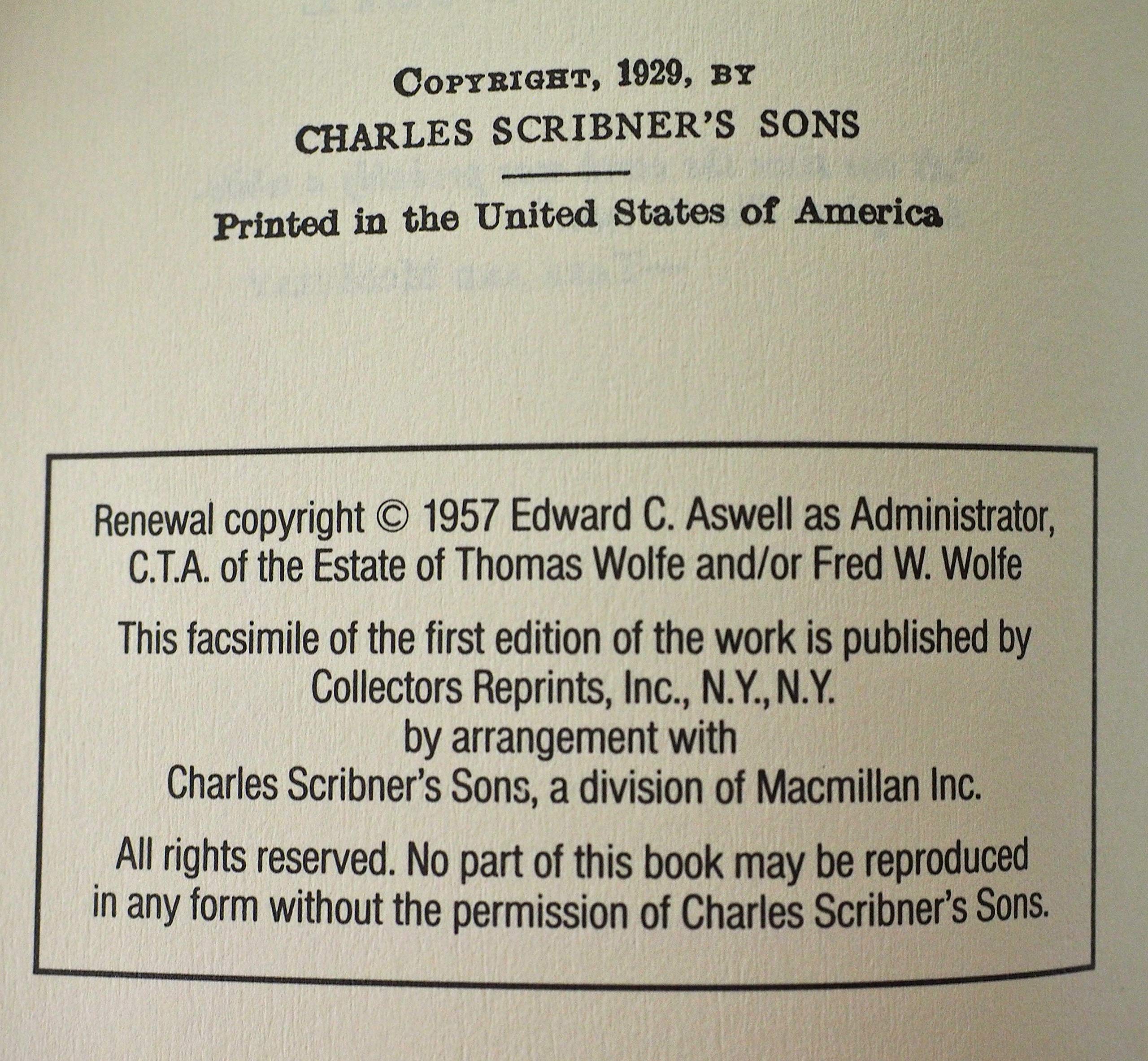 Look Homeward Angel [ Facsimile First Edition Published by First Edition Library ]